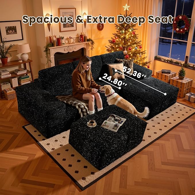 114" Glitter Cloud Sectional Couch with L-Shape Chaise & Ottoman, Modern Boneless Couches for Living Room, Fluffy Tufted Deep Seat Modular Sofa No Assembly (Black Sparkly Velvet,Right Facing)