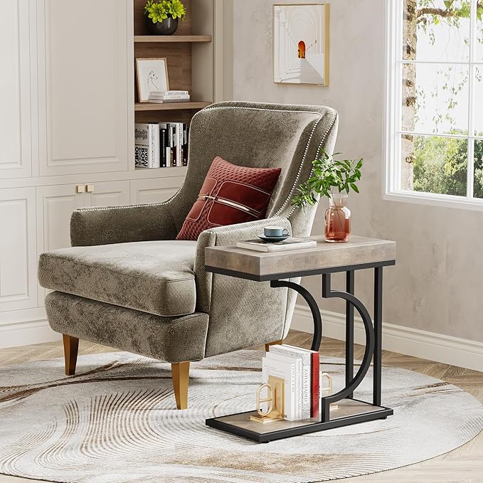 Tribesigns Narrow Side Table C Shaped End Table Modern Bedside Tables for Couch, Small Sofa Chairside Tables with Metal Frame for Living Room (1, Gray+Black)