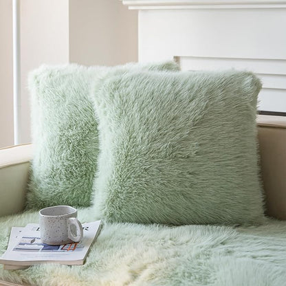 Neelvin Green Faux Fur Cozy Fluffy Double-Sided Decorative Throw Pillow Covers 16x16 inch Set of 2,Velvet Pillowcase Cushion Case for Sofa Couch