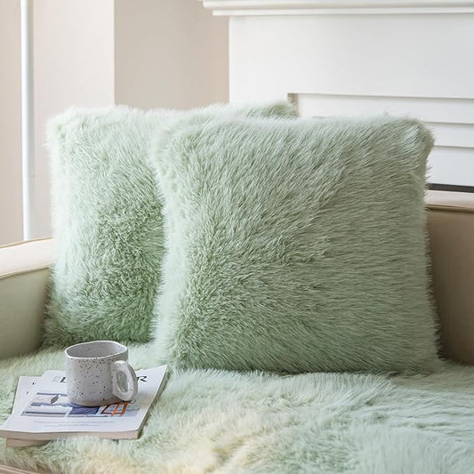 Neelvin Green Faux Fur Cozy Fluffy Double-Sided Decorative Throw Pillow Covers 16x16 inch Set of 2,Velvet Pillowcase Cushion Case for Sofa Couch