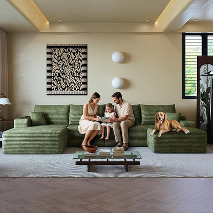 108" Sectional Couches for Living Room Modern Modular Sofa with L-Shape Couchs Upholstered Boneless Couch Deep Seat Sectional Couch with Chaise (Green, Left Facing Chaise+3Seaters+Ottoman)
