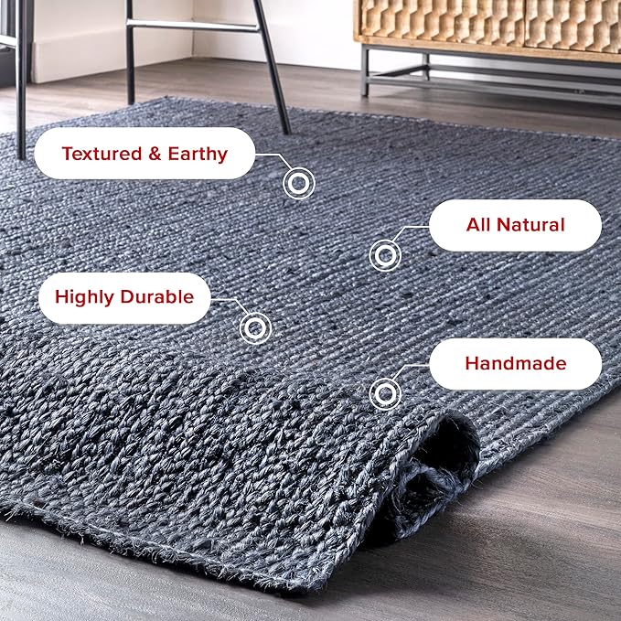 nuLOOM 8 Round Rigo Jute Hand Woven Area Rug, Navy, Solid Farmhouse Design, Natural Fiber, For Bedroom, Living Room, Dining Room, Hallway, Office, Kitchen, Entryway