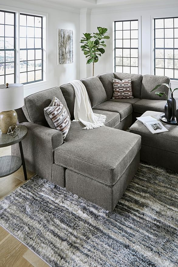 Signature Design by Ashley O'Phannon Casual Right-Arm Facing Herringbone Chenille 2-Piece Sectional with Chaise, Loose Seat Cushions and 2 Throw Pillows, Gray