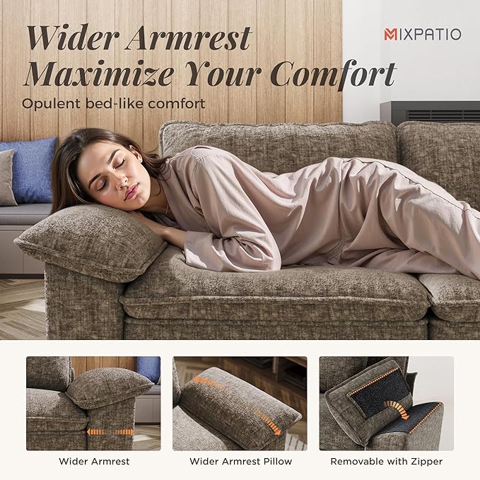 L-Shaped Cloud Modular Sofa Set, Deep Seat 3-Piece 5-Seater Sectional Couch & Removable Arms, Plush Chenille for Living Room - Smoky Gray