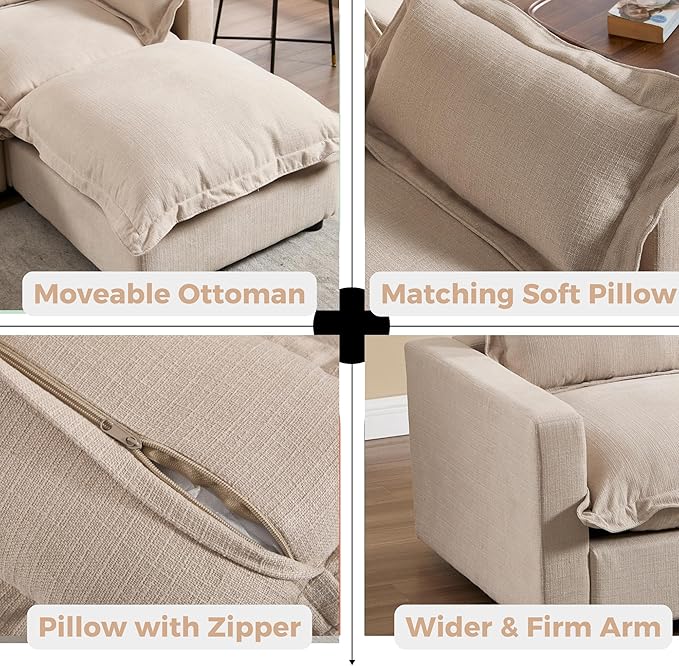 chairus 126" Modular Sectional Sofa with 2 Moveable Ottoman Upholstered Deep Seat Linen Couch Set with Soft Pillows U Shaped Sofa Couch for Living Room, Apartment, Reception Room, 4-Seater/Oatmeal