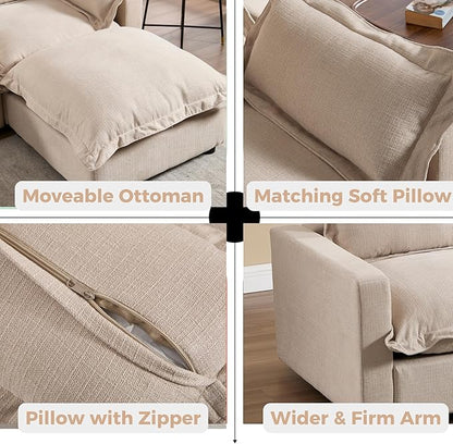 chairus 97" Modular Sectional Sofa with 2 Moveable Ottoman Upholstered Deep Seat Linen Couch Set with Soft Pillows U Shaped Sofa Couch for Living Room, Apartment, Reception Room, 3-Seater/Oatmeal