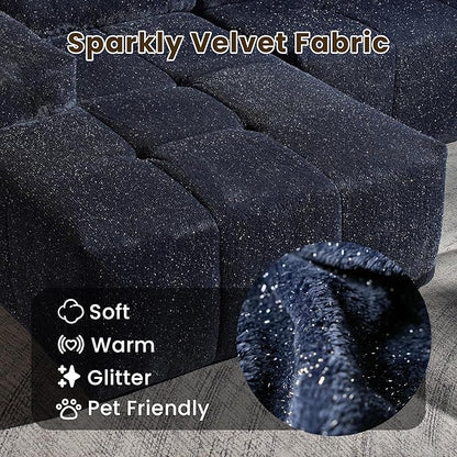 114" Glitter Cloud Sectional Couch with L-Shape Chaise & Ottoman, Modern Boneless Couches for Living Room, Fluffy Tufted Deep Seat Modular Sofa No Assembly (Blue Sparkly Velvet,Left Facing)
