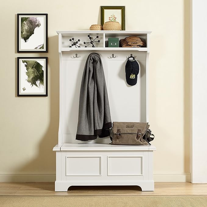 Crosley Furniture Campbell Hall Tree with Storage Bench and Coat Rack Hooks for Hanging, White