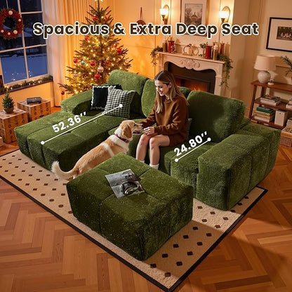 114" Glitter Cloud Sectional Couch with L-Shape Chaise & Ottoman, Modern Boneless Couches for Living Room, Fluffy Tufted Deep Seat Modular Sofa No Assembly (Green Sparkly Velvet,Left Facing)
