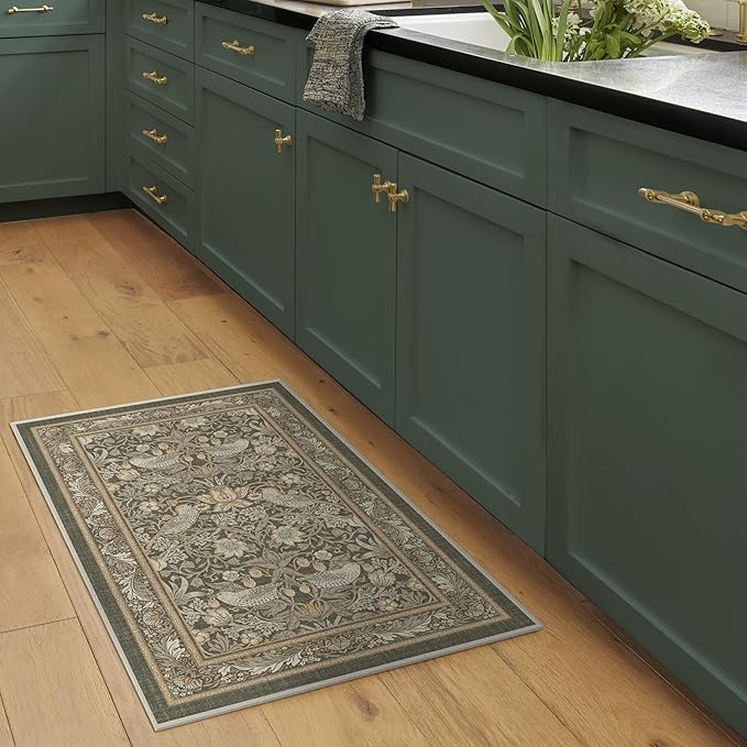 RUGGABLE x Morris & Co Machine Washable Area Rug – Strawberry Thief Stone Gold 2x3, Stain-Resistant, Non-Slip – Small Rugs for Living Room, Bedroom, Hallway, Entryway & Bathroom–with Standard Pad