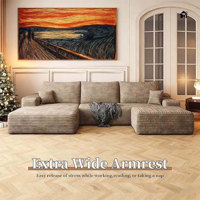 107.5" Compressed Boneless Couch with Ottoman, 2 Seater Large U Shaped Sectional Couches for Living Room, Camel Corduroy Cloud Modular Sectional Sofa, Memory Foam, No Assembly，Light Facing Chaise
