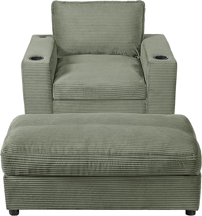 Christopher Knight Home Zoe Oversized Chaise Lounge Chair Indoor with Cup Holders & USB Charging Port, Corduroy Upholstered Sofa Bed + Ottoman with Storage, Comfy Deep Seat Sleeper Sofa Chair, Green