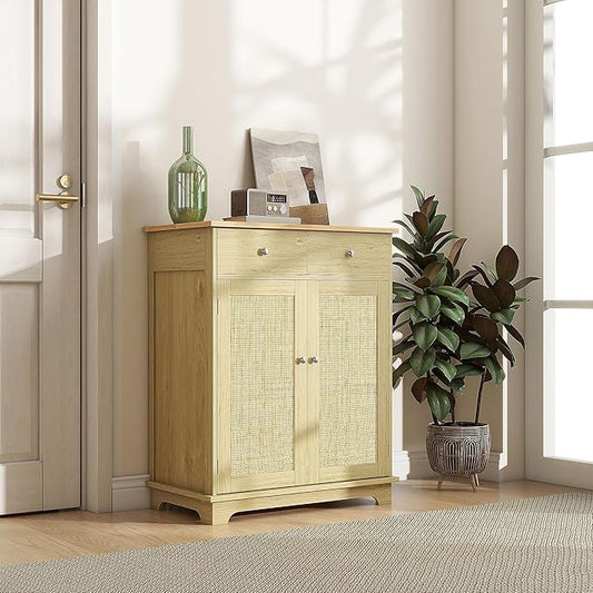 HOMCOM Sideboard with Solid Wood Countertop, Modern Kitchen Storage Cabinet, Coffee Bar Cabinet with 2 Drawers, Doors and Adjustable Shelf, Natural Rattan