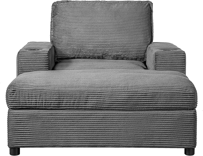 Christopher Knight Home Zoe Oversized Chaise Lounge Chair Indoor with Cup Holders & USB Charging Port, Corduroy Upholstered Sofa Bed + Ottoman with Storage, Comfy Deep Seat Sleeper Sofa Chair, Grey