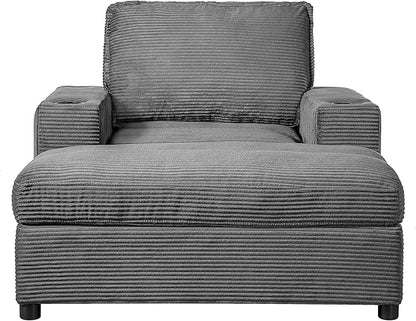 Christopher Knight Home Zoe Oversized Chaise Lounge Chair Indoor with Cup Holders & USB Charging Port, Corduroy Upholstered Sofa Bed + Ottoman with Storage, Comfy Deep Seat Sleeper Sofa Chair, Grey