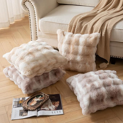 Pack of 2 Thick Plush Throw Pillow Covers Fluffy Wave Faux Fur Decorative Cushion Covers Soft Wool Pillowcase for Sofa Couch Livingroom 24x24 Inch White Beige