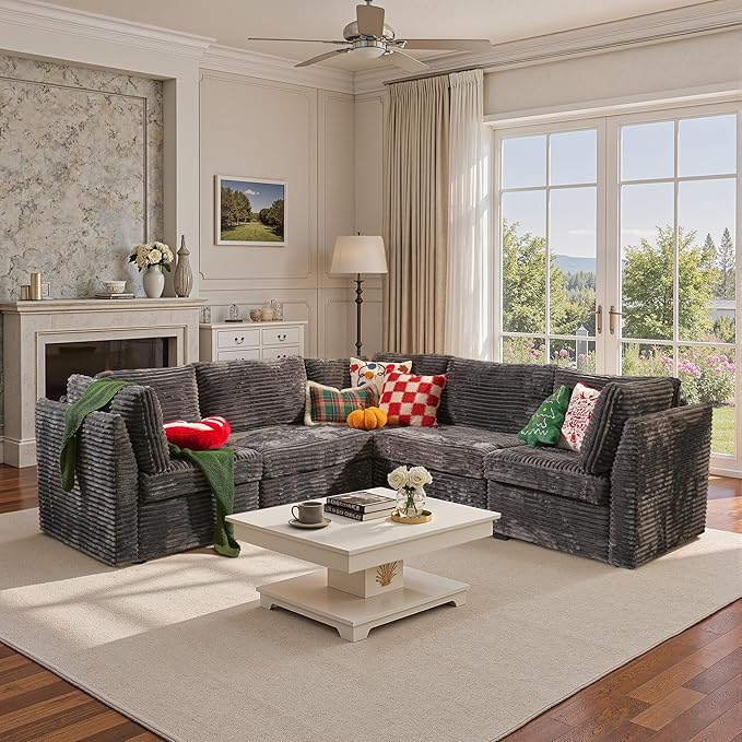130'' Modern Modular Sectional Sofa,5 Seats Cloud Comfort Corduroy Fluffy Couch,L Shaped Convertible Sofa Couch for Living Room,Grey
