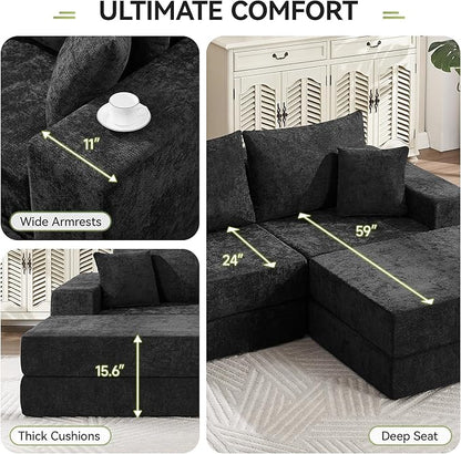 79" Boneless Cloud Loveseat Sofa Couch, Modular Foldable Floor Sofa with Ottoman, Chenille Lounge Convertible Sofa Bed for Living Room, No Assembly, Black