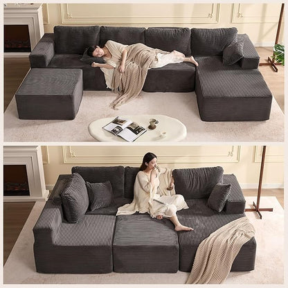 138" Boneless Couch with Deep Seat, Modular Sectional Sofa, Cloud Sectional Couch for Living Room, No Assembly Required, Corduroy, U-Shape 4 Seater Right, Gray