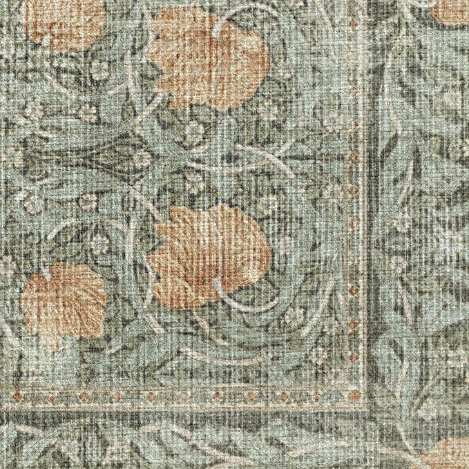 RUGGABLE x Morris & Co Washable Area Rug– Pimpernel Vintage Green 4x6, Stain-Resistant, Non-Slip – Medium Machine Washable Rugs for Living Room, Bedroom, Hallway, Entryway & Office–with Cushioned Pad