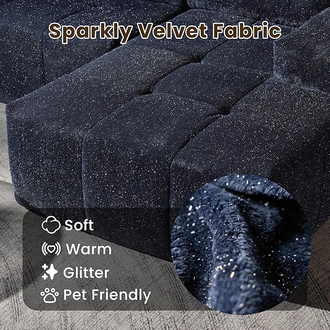 114" Glitter Cloud Sectional Couch with L-Shape Chaise & Ottoman, Modern Boneless Couches for Living Room, Fluffy Tufted Deep Seat Modular Sofa No Assembly (Blue Sparkly Velvet,Right Facing)