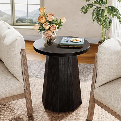 Tribesigns Farmhouse Round End Table, Wooden Couch Side Table with Octagonal Base, Black Nightstand Pedestal Accent Furniture for Living Room, Bedroom (1)