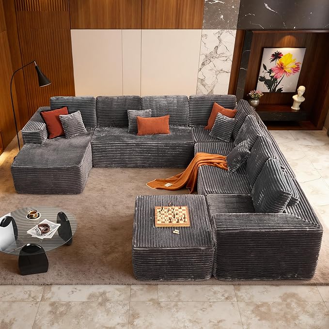 Cloud Sectional Couch with Chaise, Boneless U-Shaped Cloud Couch with Deep Seat, Soft Plush Modern Minimalist Sofa, Assembly Free Modular Floor Sofa for Office Living Room Apartment, Grey