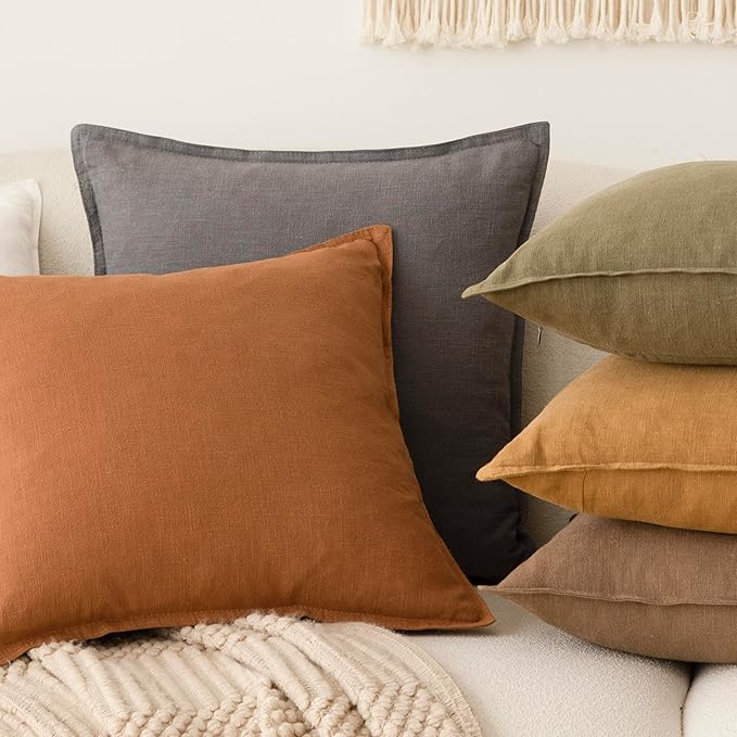 Foindtower Pack of 2, Decorative Linen Soild Throw Pillow Covers Soft Accent Square Cushion Case Boho Farmhouse Pillowcase for Chair Couch Sofa Bedroom Living Room Home Decor 18 x 18 Inch Grey