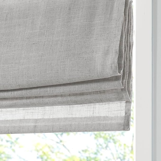 Madison Park Kyler Cordless Roman Shades - Single Panel, Lightweight Linen Blend Fabric, Natural Design, Easy Installation, Light Filtering Window Blind, Bedroom, Living Room Decor 27" W x 64" H Grey