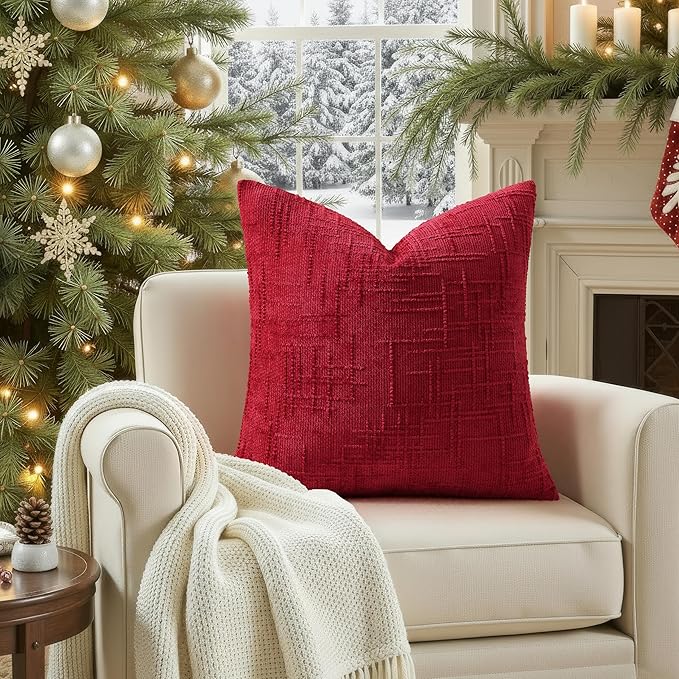 decorUhome Christmas Red Chenille Throw Pillow Covers 18x18 Set of 2 Thick Textured Slubby Couch Pillow Covers Farmhouse Accent Modern Neutral Decorative Pillow Cases for Bed Sofa Living Room