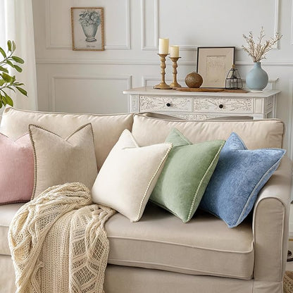decorUhome Chenille Soft Throw Pillow Covers 24x24 Set of 2, Farmhouse Velvet Neutral Decorative Euro Pillow Covers with Stitched Edge for Couch Sofa Bed Home Decor, Beige