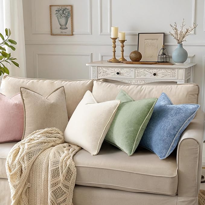 decorUhome Chenille Soft Throw Pillow Covers 22x22 Set of 2, Farmhouse Velvet Neutral Decorative Euro Pillow Covers with Stitched Edge for Couch Sofa Bed Home Decor, Beige