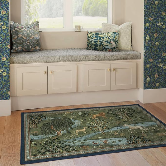 RUGGABLE x Morris & Co Washable Area Rug – Owl & Willow Green 4x6, Stain-Resistant, Non-Slip – Medium Machine Washable Rugs for Living Room, Bedroom, Hallway, Entryway & Office–with Cushioned Pad