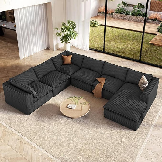 Vesgantti 141.7" Oversized Sectional Boneless Couch, Modern 7 Seater Modular Sofa with Chaise, Deep Seat Convertible Plush Corduroy Cloud Couches for Living Room, No Assembly Required, Dark Gray