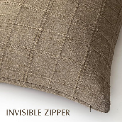 Foindtower Set of 2 Decorative Linen Check Throw Pillow Covers Neutral Farmhouse Vintage Cushion Covers Modern Boho Home Decor for Sofa Chair Couch Bedroom Living Room,16×16 Inch,Light Brown