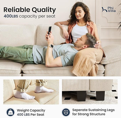 PHI VILLA Indoor Modular Sectional Couches Sets, 2-Piece Armless Sofa Set, 2-Seater Upholstered Couch for Living Room Small Spaces, Corduroy Fabric, Beige