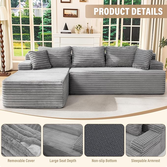 Hobestluk Modular Sectional Couch Sofa, 108" Boneless Couches for Living Room, Memory Foam Sectional Couch with Oversized Chaise,L-Shape Couches (Grey, Left Facing)