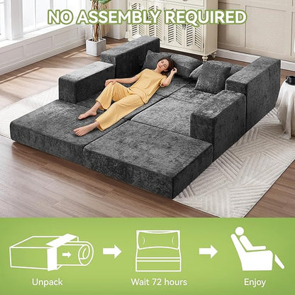 79" Boneless Cloud Loveseat Sofa Couch, Modular Foldable Floor Sofa with Ottoman, Chenille Lounge Convertible Sofa Bed for Living Room, No Assembly, Dark Grey