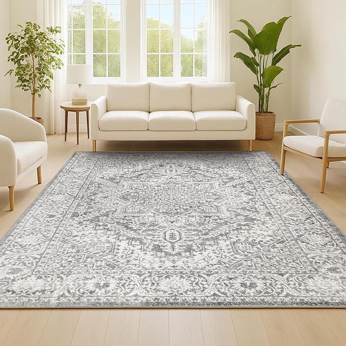JONATHAN Y Modern Vintage Medallion Light Gray Indoor Area Rug, 5x8, Country, Floral, Easy-Cleaning for Living Room, Bedroom, Kitchen, Pet Friendly, Non-Shedding (MDP100A-5)