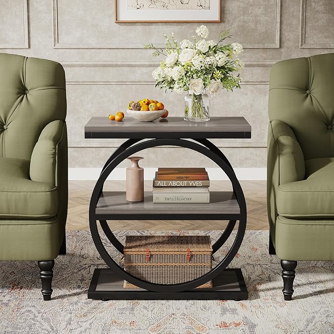 Tribesigns End Table, Narrow End Table with 3 Storage Shelves, Wood Side Table with Black Metal Frames, Industrial Small Sofa Side Table for Living Room, Grey Nightstand and Bedside Table for Bedroom