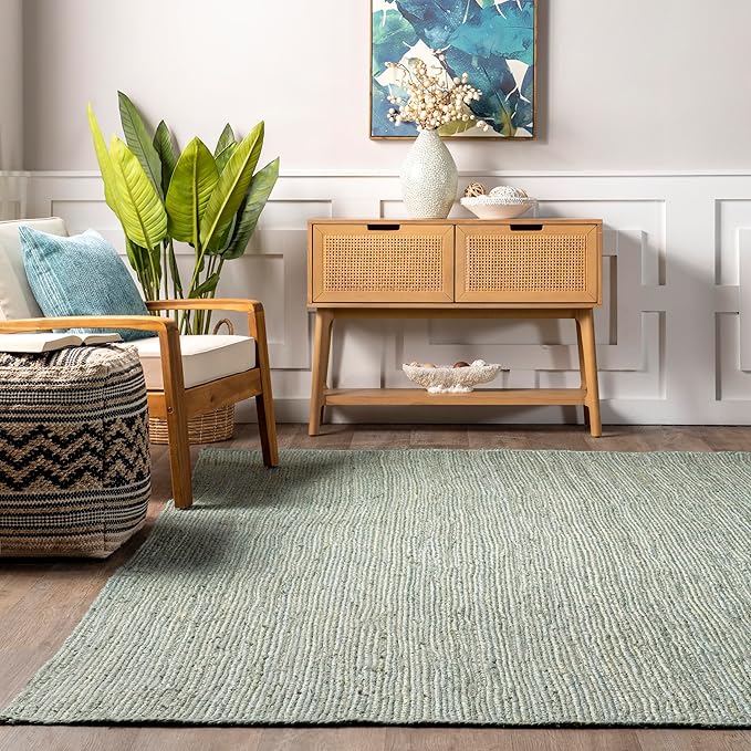 nuLOOM 8'6" x 11'6" Rigo Jute Hand Woven Area Rug, Green, Solid Farmhouse Design, Natural Fiber, for Bedroom, Living Room, Dining Room, Hallway, Office, Kitchen, Entryway