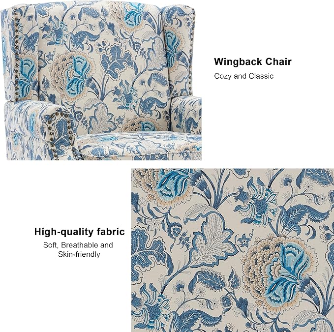 Accent Chair, Upholstered High Back Floral Armchair with Nailhead Trim & Wood Legs, Comfy Wingback Reading Single Sofa Chair for Small Spaces, Living Room, Bedroom ( Boho Blue Floral, Set of 2)