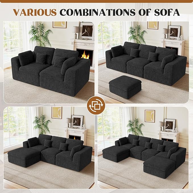 115" Cloud Boneless Sectional Couch, Deep Seat L Shaped Modular Couch with Ottoman, Oversized Upholstered Convertible 4 Seater Modular Sofa for Living Room,Black Chenille