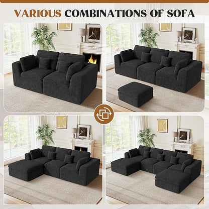 115" Cloud Boneless Sectional Couch, Deep Seat L Shaped Modular Couch with Ottoman, Oversized Upholstered Convertible 4 Seater Modular Sofa for Living Room,Black Chenille
