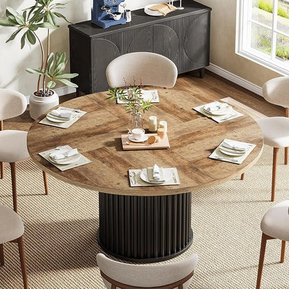 Tribesigns Round Dining Table for 4-6, 47-Inch Modern Circle Kitchen Table with Fluted Round Base, Farmhouse Wood Dinner Table for Dining Room, Kitchen, Living Room, Brown and Black