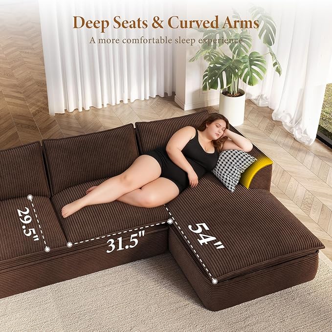 Vesgantti 141.7" Oversized Boneless Sectional Couch, 7 Seater Modular Sofa with Chaise & Ottoman & Armrest, Deep Seat Corduroy Cloud Couches for Living Room, No Assembly Required, Dark Brown