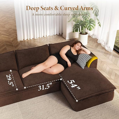 Vesgantti 141.7" Oversized Boneless Sectional Couch, Modern 7 Seater Modular Sofa with Chaise & Ottoman, Deep Seat Corduroy Cloud Couches for Living Room, No Assembly Required, Dark Brown