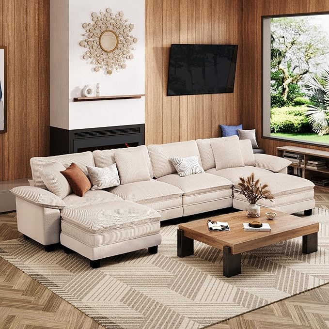 157-Inch U Shaped Sectional Sofa with Cloud Cushions, Deep Seat Modular Couch Set w/ 6 Seats & 2 Ottomans, Plush Chenille & Corduroy Upholstery for Living Room, Apartment - Beige