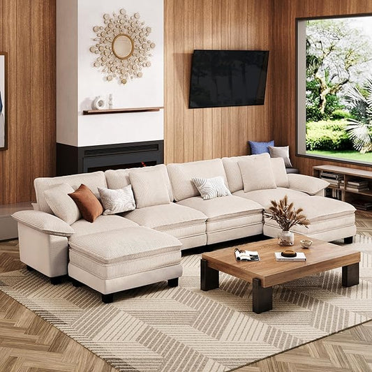 157-Inch U Shaped Sectional Sofa with Cloud Cushions, Deep Seat Modular Couch Set w/ 6 Seats & 2 Ottomans, Plush Chenille & Corduroy Upholstery for Living Room, Apartment - Beige