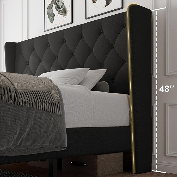 iPormis Queen Size Platform Bed Frame with Button Tufted Headboard, Upholstered Bed Frame with Solid Wooden Slats, 8" Underbed Space, No Box Spring Needed, Noise Free, Easy Assembly, Black